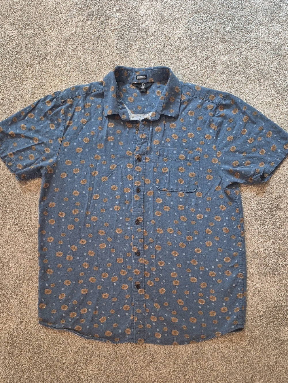 Volcom Blue Short-Sleeve Button-Down Shirt with Brown Floral Print